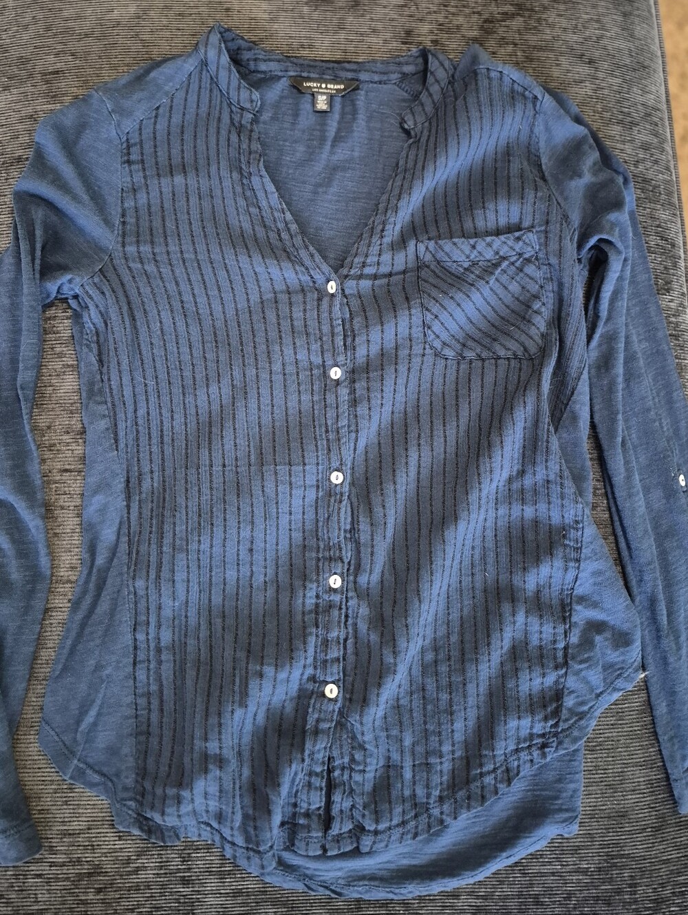 Lucky Brand Navy Blue Long-Sleeve Button-Up Shirt with Pinstripes